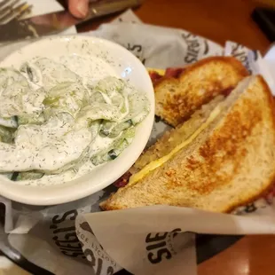 Dill Cucumber salad and Reuben with house made pastrami.