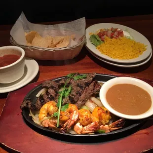 Steak and shrimp fajitas, chips and salsa