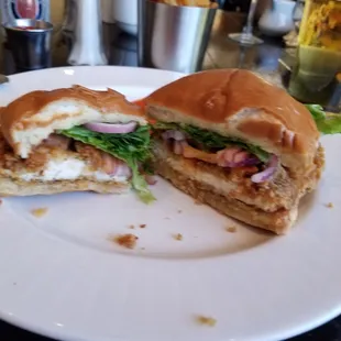 Fried chicken cutlet sandwich.   Excellent tasting,  crispy,  and fresh vegetables.