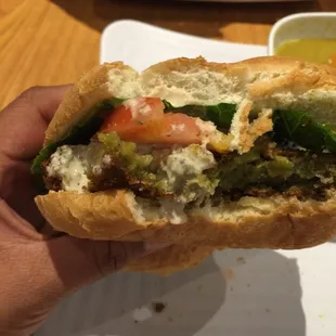 Perfect Falafel Burger. Don't worry about it looking overcooked - it's not! Perfectly crunchy outside, super moist inside.