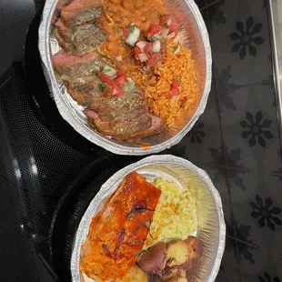 Red chili honey glazed salmon and Carne Asada take and reheat dinners