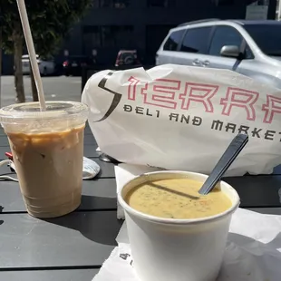 Iced latte and some pretty amazing broccoli cheddar soup!  So good.