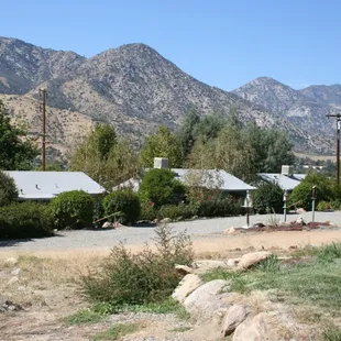 View of parking area looking down towards the lower three cottages, the Sierra, the Sequoia and the Riverbend