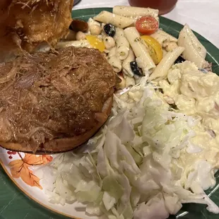 Pulled pork opened up along with delicious potato and pasta salads.