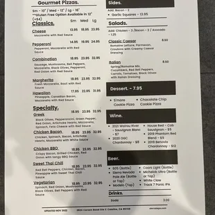 Menu for Sierra Tap House and Pizza. More beer/wine options coming soon!
