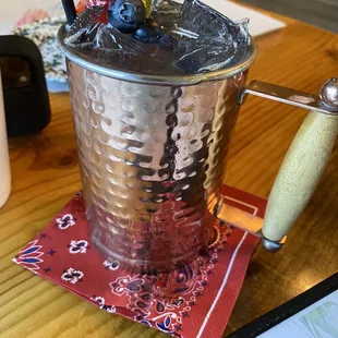 Red, Blue Mule for 4th of July. Was sweeter than expected but once mixed up, was good &amp; a change from the general mule.