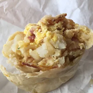 Bacon, egg and potato breakfast burrito