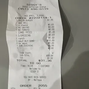 Receipt for what I got for just me and my husband