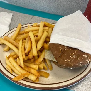 Turkey burger with cheese and fries