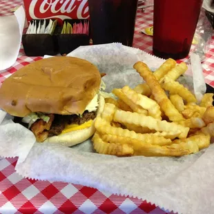 Bacon cheese burger w/ fries.