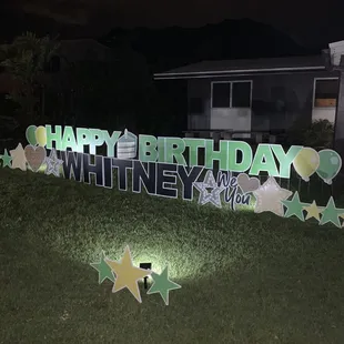 Happy birthday surprise. Yard sign with lights at night time.