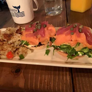 Smoked Salmon Bagel with hash browns