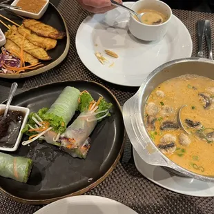 Chicken Satay, Fresh Spring Rolls snd Tom Kah Gai coconut soup.