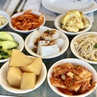 Banchan(side dish)s are all good.  My favorite is rolled egg.  Like mung bean jelly too.