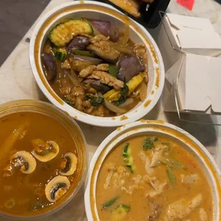 so good. chciken eggplant delight, chciken peanut curry, shrimp Tom yum small, and banana spring roll with honey for dessert