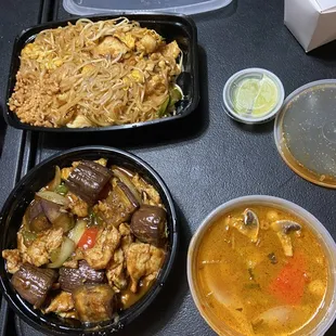 Eggplant delight and pad Thai extra lime small tom yum soup