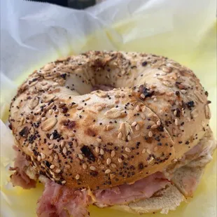 Everything bagel with egg, ham and cheese
