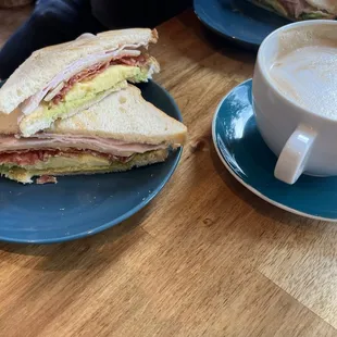 Breakfast sandwich and a lavender latte, delicious.