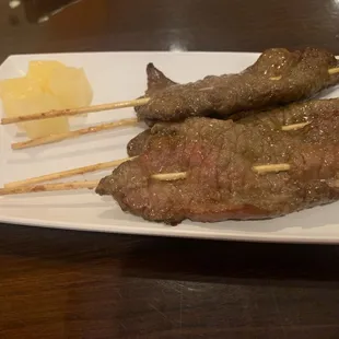 Beef skewers. Almost rare, unlike most places that overcook them.