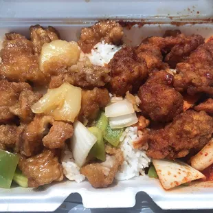 Combo- Sweet &amp; Sour Chicken and their famous Spicy Chicken served with white rice. Very good, not swimming in sauce and very good flavor.