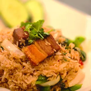 Spicy fried rice with crispy pork.