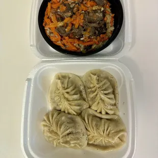 Top: Plov (Uzbek pilaf, beef version) Bottom: Manti 4 pcs (steamed dumplings with diced beef and onions) for delivery.