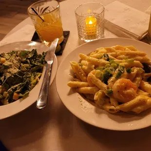 Caesar salad and Shrimp pasta