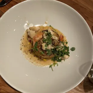 BLACKENED GULF SHRIMP &amp; CRAB Fried Green Tomatoes, Roasted Corn, Roasted Peppers, Creole Pan Sauce
