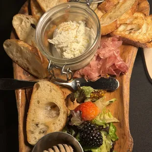 WHIPPED GOAT CHEESE: Speck | Greens | Green Dirt Farms Whipped Local Cheese | Seasonal Fruit | Grilled Garlic Crostini | Speckman's Honey