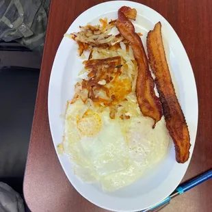 bacon, eggs, and hash browns