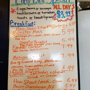 a menu for early bird special