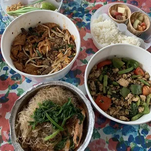 Top: crispy pad Thai Right: Chili Basil Bottom: Potted Dancing Shrimp