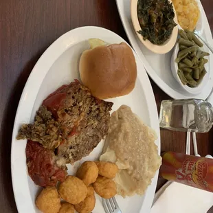 Meat loaf Mashed potatoes Corn puppies Turnip greens Green beans Peach cobbler