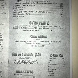 Great Italian food, Gyro plates, Kids menu, Specials, Drinks, Desserts