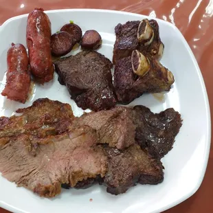 beef tips, beef ribs, top sirloin, sausage 4/5