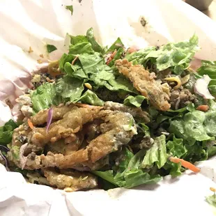 Newest discovery and personal favorite for now - beef taco salad with fried jalapeños!!