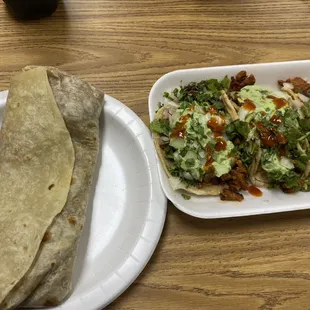 Bean and cheese burrito and three tacos adobada.