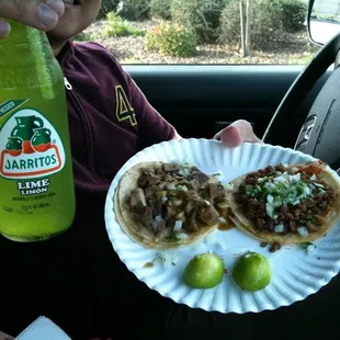 Bottle of Jarrito, Lengua &amp; Asada Tacos