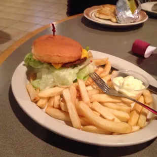 a burger and fries on a plate