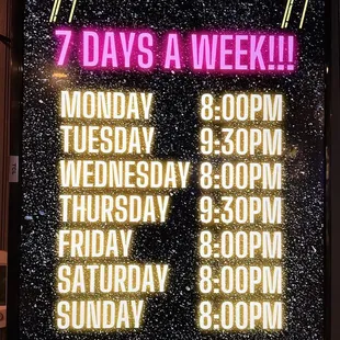 Current Karaoke Schedule (subject to change)