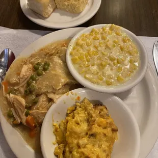 Chicken pot pie, creamed corn, squash casserole.