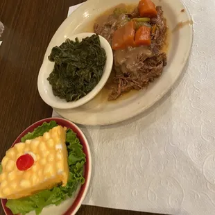 Silver Plate Special - pot roast with turnip greens and mandarin orange/pineapple congealed salad
