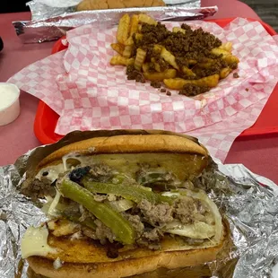 Friday special Philly Cheesesteak with chili cheese fries.