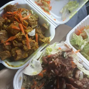 Goat with peas and rice. And pigtail with spinach rice. Fresh salad.