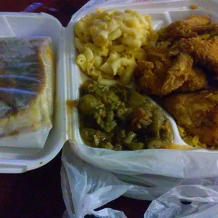 Fresh fried chicken, mac and cheese, okra and tomatoes and fried cornbread