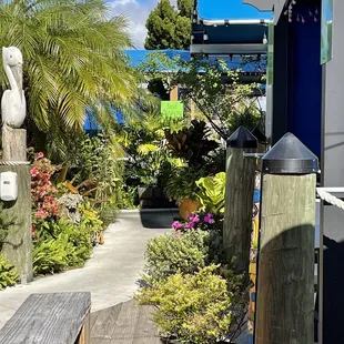 a walkway with a wooden bench and potted plants
