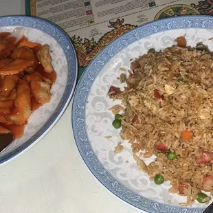 Sweet and sour chicken and BBQ pork fried rice.