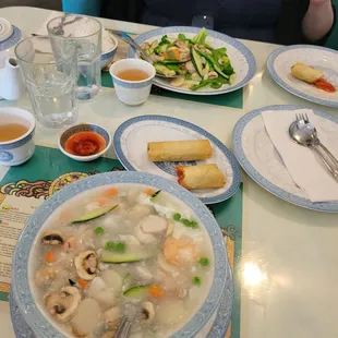 Seafood soup veggie spring rolls and veggie delight......yum!