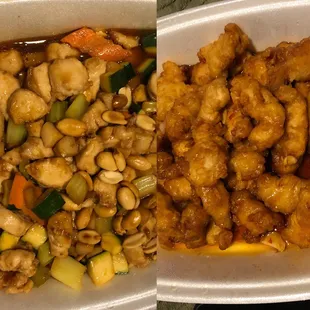 Left: Kung Pao Chicken Right: General&apos;s Tao&apos;s Chicken