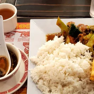 Broccoli Beef lunch special with soup, steam rice, and egg roll.